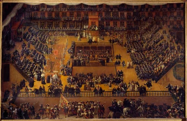 Prozess der Inquisition: Autodafé auf der Plaza Mayor von Madrid in Anwesenheit von Karl II.