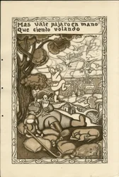 Illustration von Francisco Sancha Lengo (1874-1936) - Flugblatt, ca. 1915 - Mas vale pajaro en mano que ciento volando - Krieg von 14-18, Deutschland Preußen, Kriegsteilnehmer und Symbole, Sieg, Frieden, Spanische Sprache, Ausländische Presse