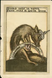 Illustration von Francisco Sancha Lengo (1874-1936) - Flugblatt, ca. 1915 - Mucho sabe la zorra pero mal el que la toma - Krieg von 14-18, Deutschland Preußen, Kriegführende und Symbole, Alliierte, Spanische Sprache, Ausländische Presse - Fuchs -, Behinder