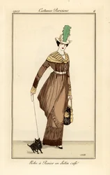 Frau im Panierkleid aus kaffeefarbenem Satin mit Schoßhund, Radierung aus Tommaso Antonginis Journal des Dames et des Modes, Aux Bureaux du Journal des Dames, Paris