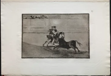 Stierkämpfe: Ein spanischer berittener Ritter im Ring bricht kurze Speere ohne Hilfe..., 1876