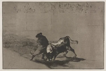 Stierkämpfe: Der sehr geschickte Student von Falces, in seinen Umhang gehüllt, trickst den Stier aus..., 1876