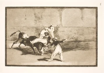 Ein Maure von einem Stier in der Arena gefangen