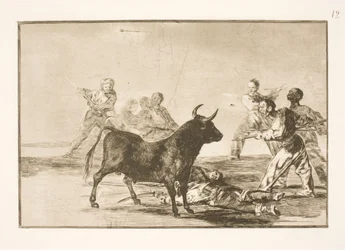 Das Volk sticht den Stier mit Lanzen, Sicheln, Banderillas und anderen Waffen