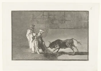 Stierkämpfer in einer Arena. Die Mohren führen auf dem Platz mit ihren Burnussen ein weiteres Stiertreiben durch. Stierkampf (Serientitel). La Tauromaquia (Serientitel)