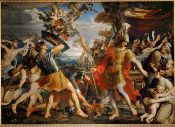 Aeneas und seine Gefährten kämpfen gegen die Harpyien