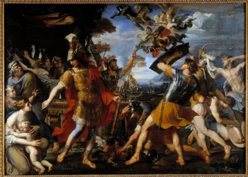 Äneas und seine Gefährten kämpfen gegen die Harpyien