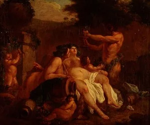 Bacchus beim Feiern an einer Steinvase in einem Tal