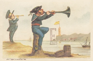E (Buchstabe, dargestellt durch einen bretonischen Seemann, der auf einem Festmacherpoller sitzt und Bombarde spielt)