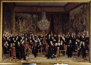 Abend im Louvre mit dem Grafen von Nieuwerkerke. Unter den Anwesenden: Francois Marcellin Certain de Canrobert (1809-1895), Eugene Delacroix (1798-1863), Camille Doucet (1812-1895), Jacques Fromental Levy, genannt Halevy (1799-1862), Baron Georges Haussman