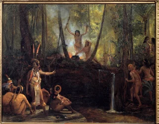 Die Herstellung von Curare im brasilianischen Wald. Gewinnung von Curare, einer aus den Lianen amazonischer Bäume gewonnenen Substanz, die Lähmungen verursacht. François Auguste Biard (1799-1882), 19. Jahrhundert. La Rochelle, Musée du Nouveau Monde
