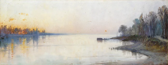 Breiter ruhiger Fluss bei Sonnenuntergang, Nillandschaft