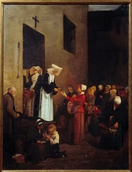 Nächstenliebe. Nonnen verteilen Essen an die Armen auf der Straße. Gemälde von Francois Bonvin (1817-1887)