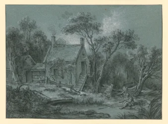 Haus mit Treppe zwischen Bäumen, davor ein Angler