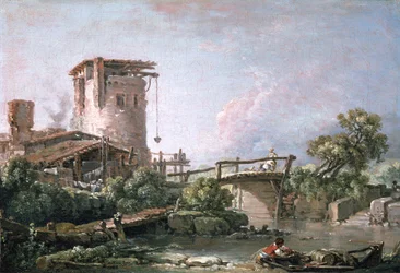 Landschaft mit Turm und Brücke