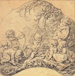 Putti in einer Landschaft, die Pfeile schießen und einen Käfig öffnen, eine Jagdtrophäe im Vordergrund