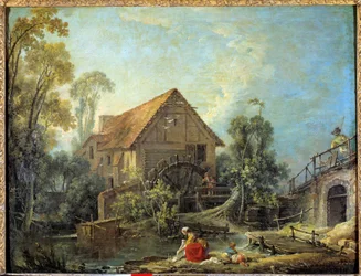 Die Mühle. Eine Frau wäscht die Wäsche im Bach in der Nähe einer Wassermühle. Gemälde von Francois Boucher (1703-1770) 1751