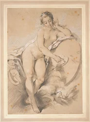 Venus stehend, auf ein Herz auf einer Zielscheibe mit zwei Tauben zeigend
