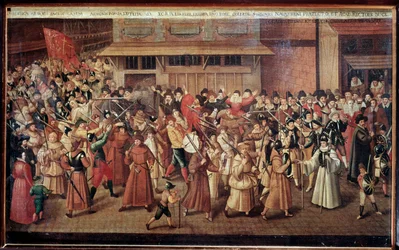 Französische Religionskriege: bewaffnete Prozession der Katholischen Liga Frankreichs in den Straßen von Paris