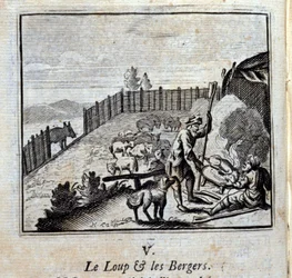 Der Wolf und die Hirten. Fabeln von Jean de La Fontaine. Illustration von François Chauveau. Ausgabe von 1728.