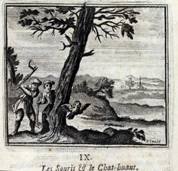 Die Mäuse und die Eule. Fabeln von Jean de La Fontaine. Illustration von François Chauveau. Ausgabe von 1728.