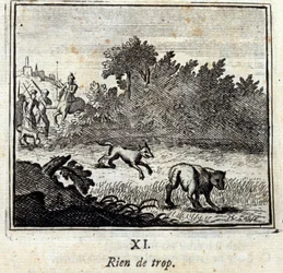 Nichts zu viel. Fabeln von Jean de La Fontaine (1621-95). Illustration von François Chauveau (1613-1676). Ausgabe von 1728.