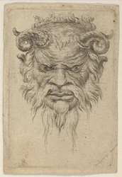 Satyrmaske mit gekräuselten Hörnern, die nach unten schaut, aus Divers Masques, ca. 1635-45