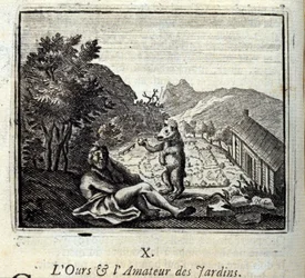 Der Bär und der Gartenliebhaber. Fabeln von Jean de La Fontaine. Illustration von François Chauveau. Ausgabe von 1728.
