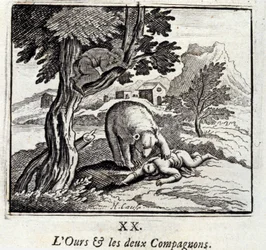 Der Bär und die zwei Gefährten. Fabeln von Jean de La Fontaine. Illustration von François Chauveau. Ausgabe von 1728.