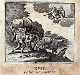 Der Fuhrmann wird belästigt. Fabeln von Jean de La Fontaine (1621-95). Illustration von François Chauveau (1613-1676). Ausgabe von 1728.