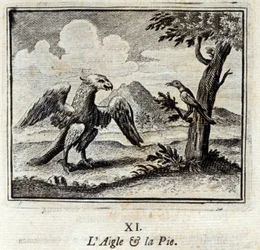Der Adler und der Fromme. Fabeln von Jean de La Fontaine. Illustration von François Chauveau. Ausgabe von 1728.