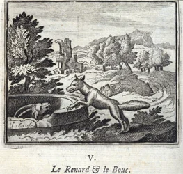 Der Fuchs und der Bock. Fabeln von Jean de La Fontaine (1621-95). Illustration von François Chauveau (1613-1676). Ausgabe von 1728