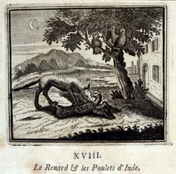 Der Fuchs und die Hühner von Indien. Fabeln von Jean de La Fontaine. Illustration von François Chauveau. Ausgabe von 1728.