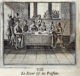 Das Lachen und die Fische. Fabeln von Jean de La Fontaine. Illustration von François Chauveau. Ausgabe von 1728.