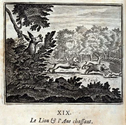 Der Löwe und der Esel auf der Jagd. Fabeln von Jean de La Fontaine (1621-95). Illustration von François Chauveau (1613-1676). Ausgabe von 1728.