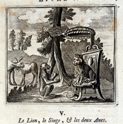 Der Löwe, der Affe und die zwei Esel. Fabeln von Jean de La Fontaine (1621-95). Illustration von François Chauveau (1613-1676). Ausgabe von 1728.