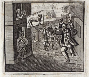 Der Affe und der Leopard. Fabeln von Jean de La Fontaine. Illustration von François Chauveau. Ausgabe von 1728.