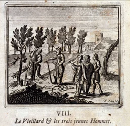 Der alte Mann und die drei jungen Männer. Fabeln von Jean de La Fontaine (1621-95). Illustration von François Chauveau (1613-1676). Ausgabe von 1728