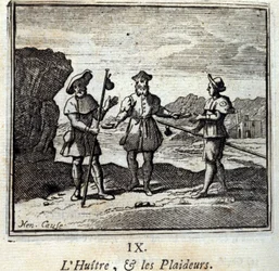 Die Auster und die Streitenden. Fabeln von Jean de La Fontaine. Illustration von François Chauveau. Ausgabe von 1728.
