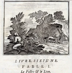 Der Patra und der Löwe. Fabeln von Jean de La Fontaine. Illustration von François Chauveau. Ausgabe von 1728.