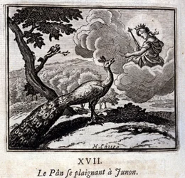 Der Pfau, der sich bei Juno beschwert. Fabeln von Jean de La Fontaine. Illustration von François Chauveau. Ausgabe von 1728.