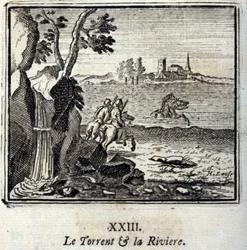 Der Strom und der Fluss. Fabeln von Jean de La Fontaine. Illustration von François Chauveau. Ausgabe von 1728.