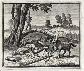 Der Wolf und der Jäger. Fabeln von Jean de La Fontaine. Illustration von François Chauveau. Ausgabe von 1728.