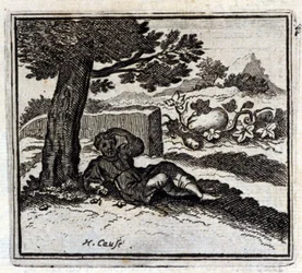 Die Eichel und der Kürbis. Fabeln von Jean de La Fontaine. Illustration von François Chauveau. Ausgabe von 1728.