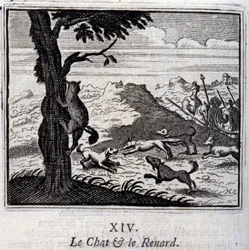 Die Katze und der Fuchs. Fabeln von Jean de La Fontaine. Illustration von François Chauveau. Ausgabe von 1728.