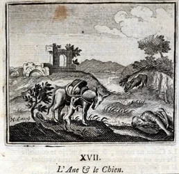Der Esel und der Hund. Fabeln von Jean de La Fontaine (1621-95). Illustration von François Chauveau (1613-1676). Ausgabe von 1728.