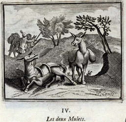 Die zwei Maultiere. Fabeln von Jean de La Fontaine (1621-95). Illustration von François Chauveau (1613-1676). Ausgabe von 1728