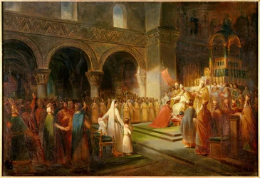 Die Krönung von Pippin dem Kurzen durch Papst Stephan II. in der Abtei Saint Denis am 28. Juli 754. Gemälde von Dubois Francois (1790-1871). 1837