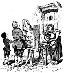 Illustration für Paul Scarrons komischen Roman: Barbarischer Orgelspieler hat auf der Straße gespielt (Gravur).