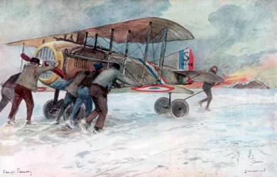 Bodenpersonal bei der Wartung einer französischen SPAD auf einem schneebedeckten Feld, 1918, 1926.